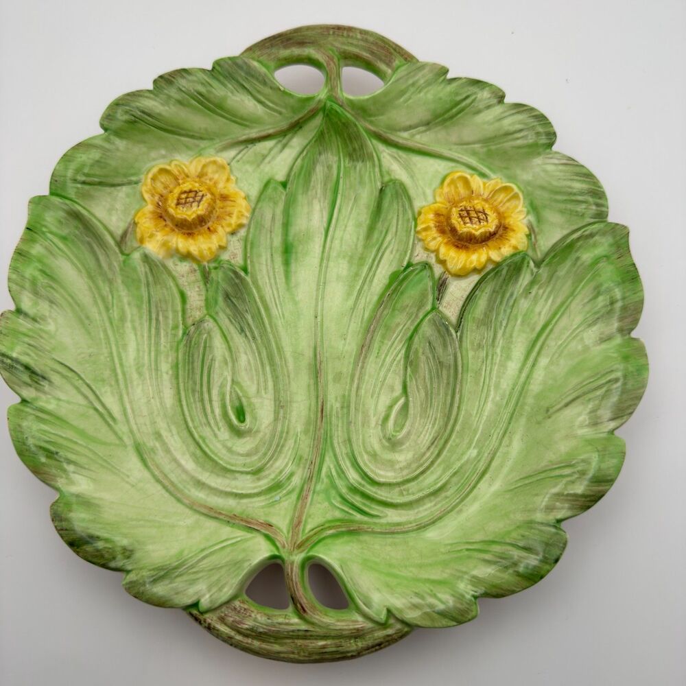 Vintage Hand Painted Ceramic Leaf Plate with Sunflowers Dish